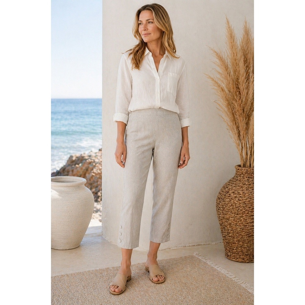 J Jill Linen Stretch Crop Pants Petite M Beige Neutral Coastal Quiet Luxury Ankl